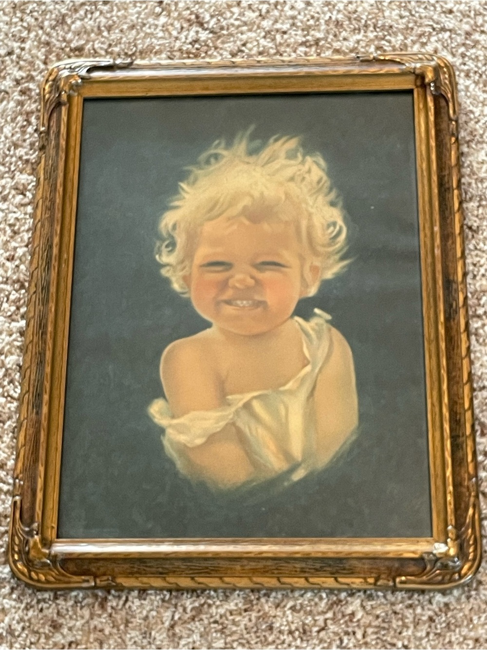 HB Urgelles Sonny Boy Vintage Happy Baby Lithograph Antique Wood Carved Frame